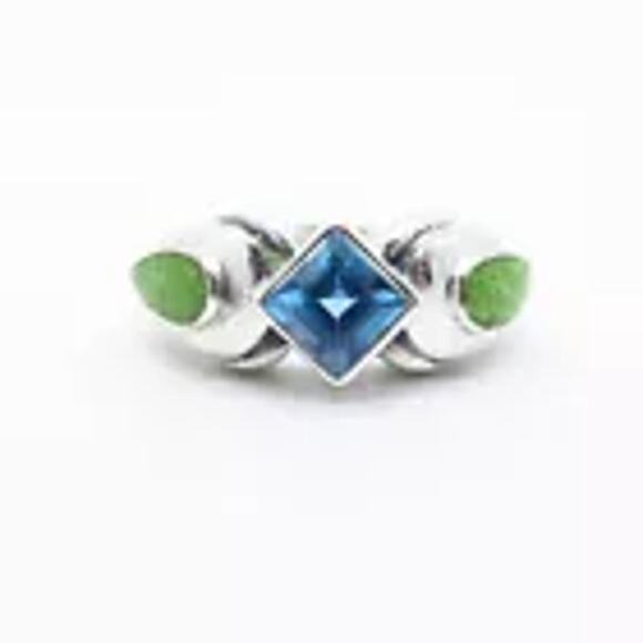 Vintage 925 Square Blue Topaz & Green Inlay Turquoise Ring  Size 5 - Picture 2 of 8